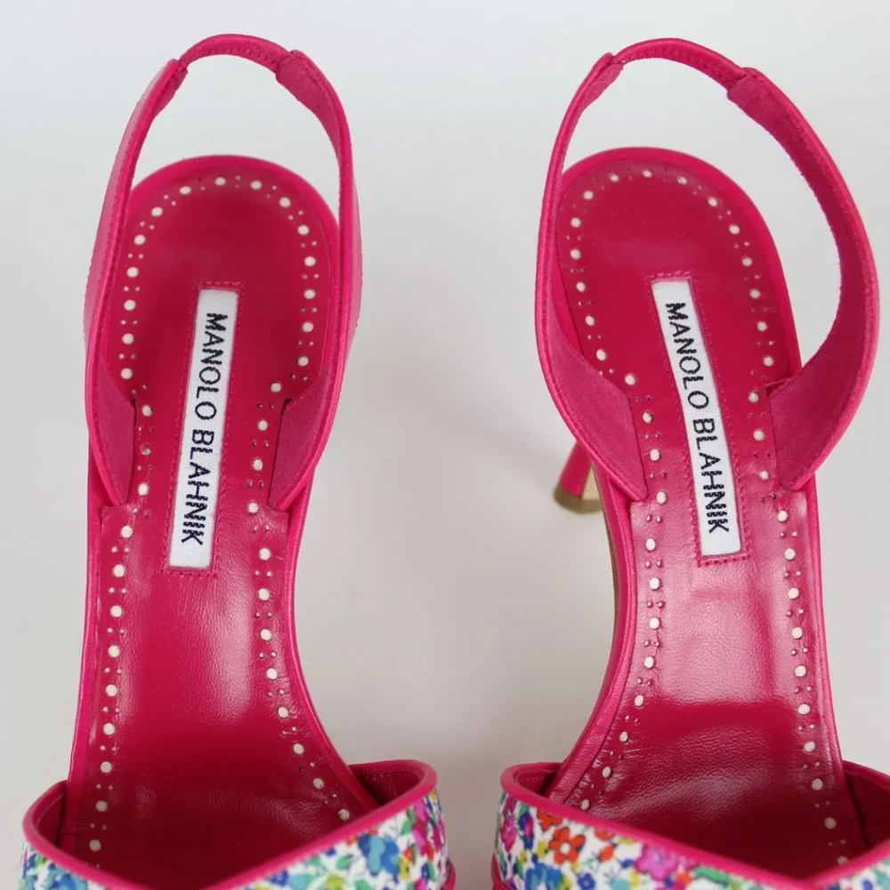 NEW MANOLO BLAHNIK Floral Leather Slingback Sandals - Work to Dinner Summer Heel - Picture 9 of 13